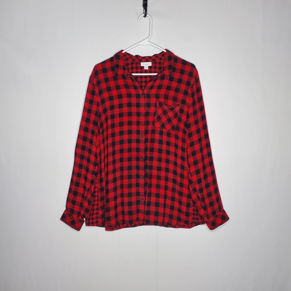 J Jill Gingham Plaid Button Collar Shirt Women Red Black Country Cowgirl Fall